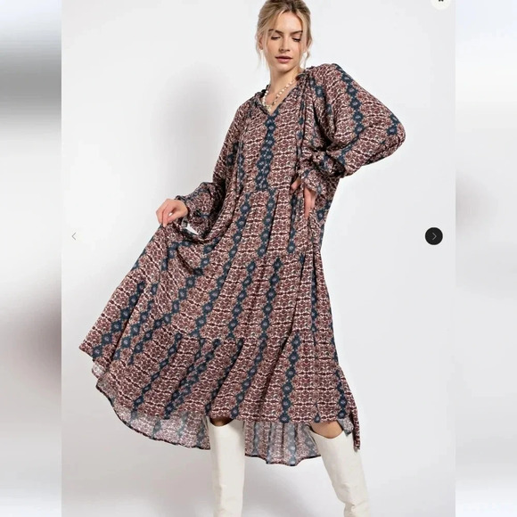 New! Easel Paisley Printed Long Sleeve Gauze Maxi Dress L - Picture 2 of 6